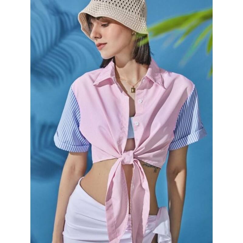 Contrast Striped Button Down Knotted Shirt UU3120