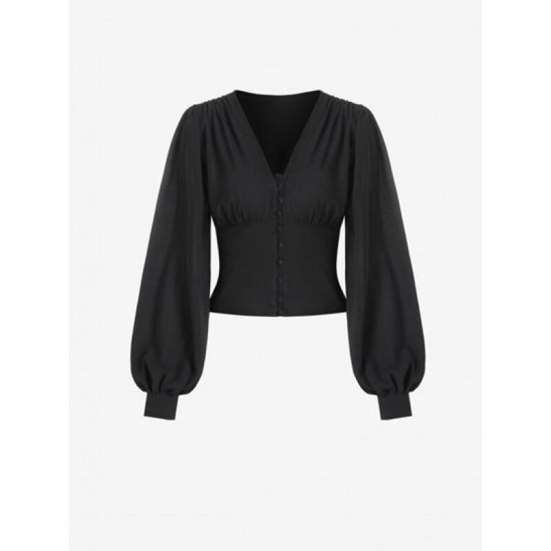Lantern Sleeve Loop Button Blouse TV7785