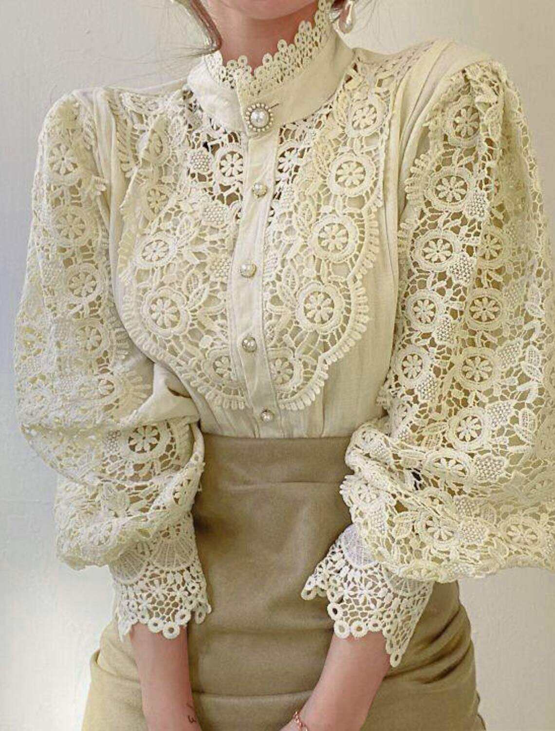 Women's Shirt Lace Shirt Going Out Tops Blouse Elegant Vintage Fashion Lace up Long Sleeve Regular Tops Party Club Spring Fall