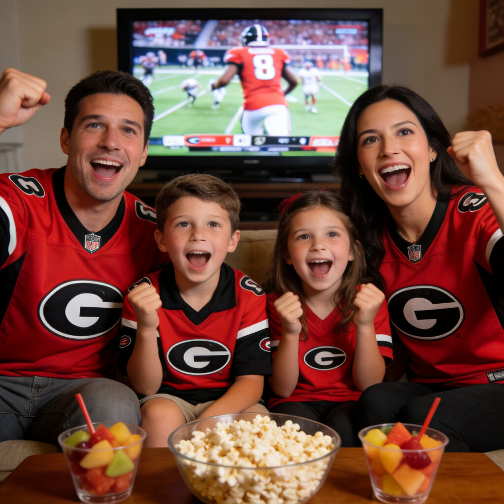 Family wearing team colors cheers together in front of TV during a thrilling NCAA game moment, with game day snacks on table.