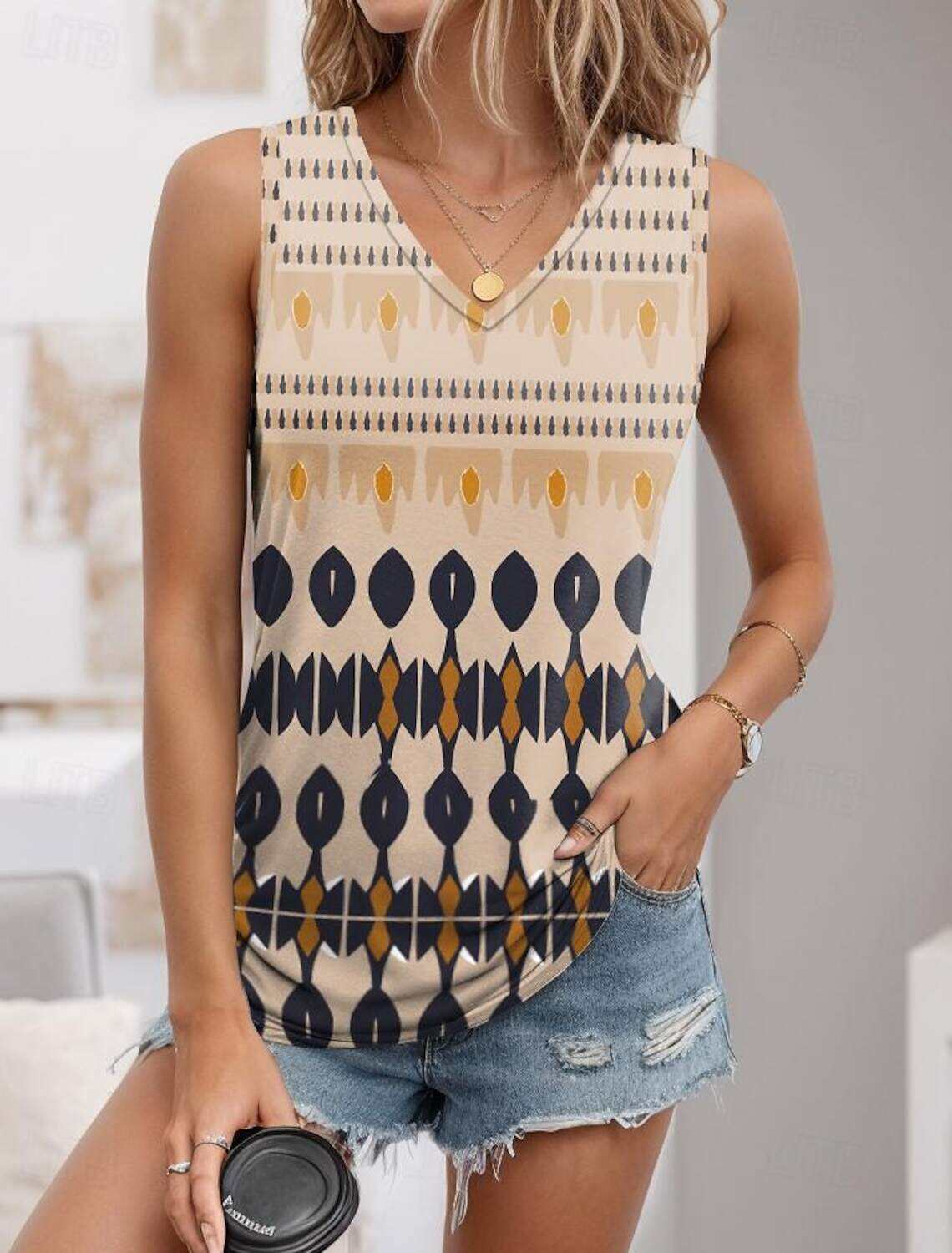 Women's Tank Top Vest Vintage Ethnic Boho Geometric Print Sleeveless Regular Tops V Neck Vacation Summer