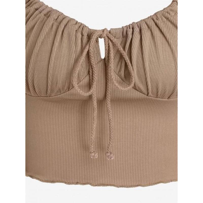 Ribbed Lantern Sleeve Crop T Shirt XY1311