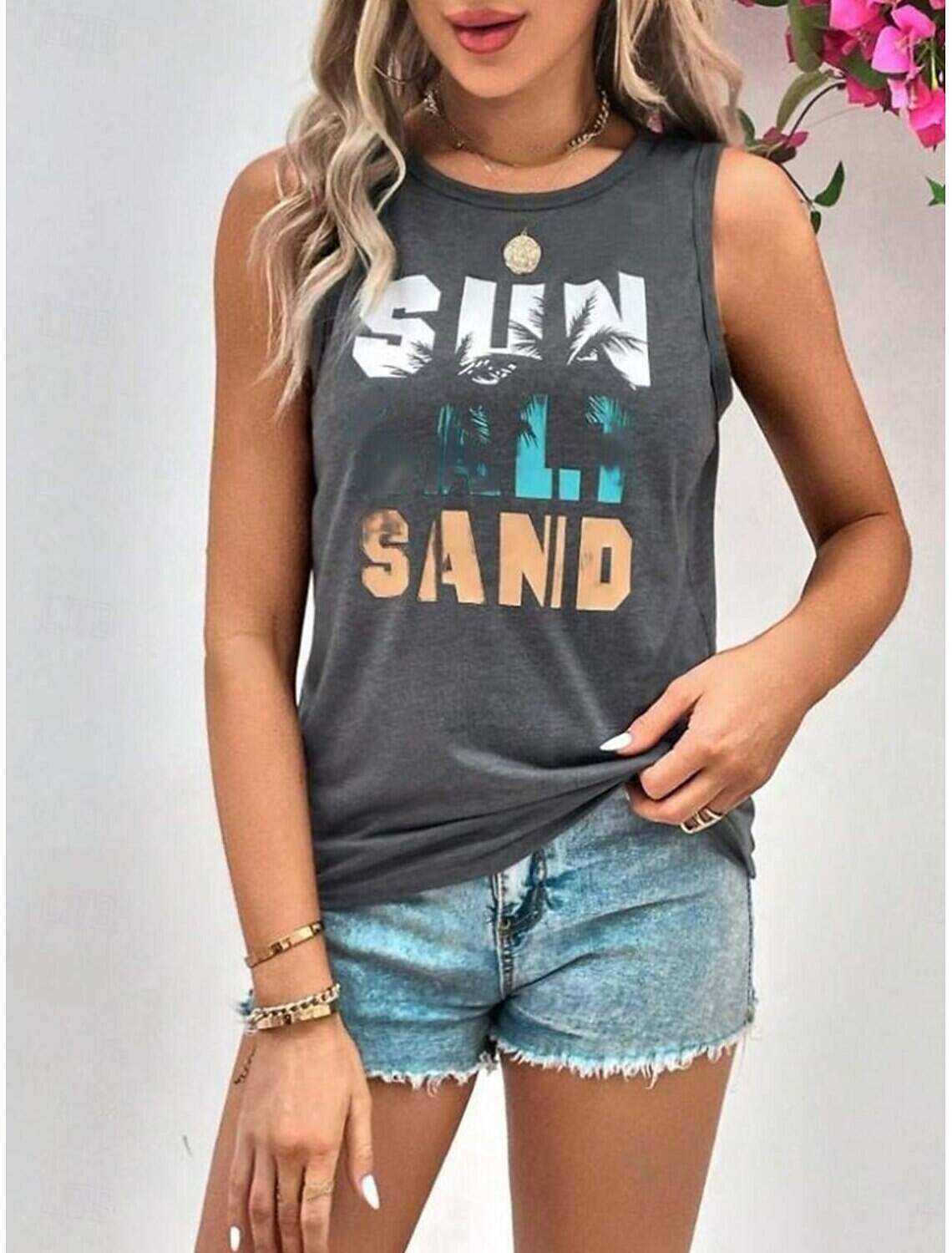 Women's Tank Top Vest Vacation Tropical Fashion Letter Print Sleeveless Regular Tops Crew Neck Casual Summer