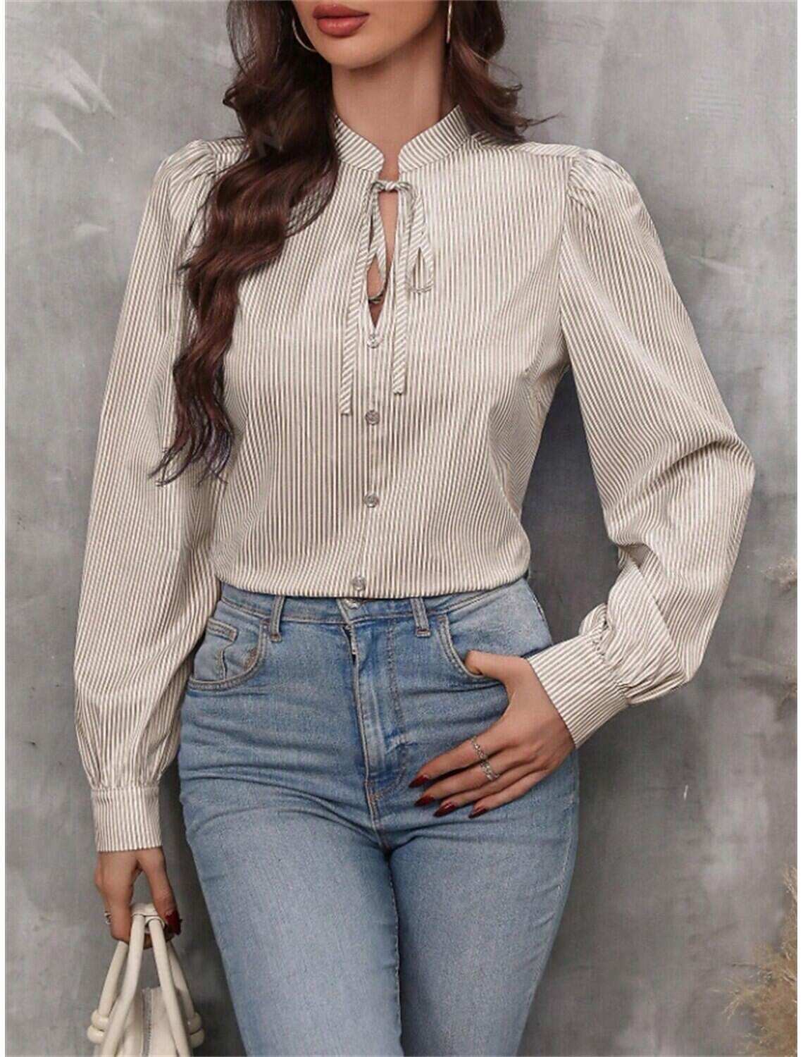 Women's Shirt Blouse Stylish Casual Striped Regular Tops Long Sleeve V Neck Patchwork Regular Fit Work Daily Going out Summer Spring Fall
