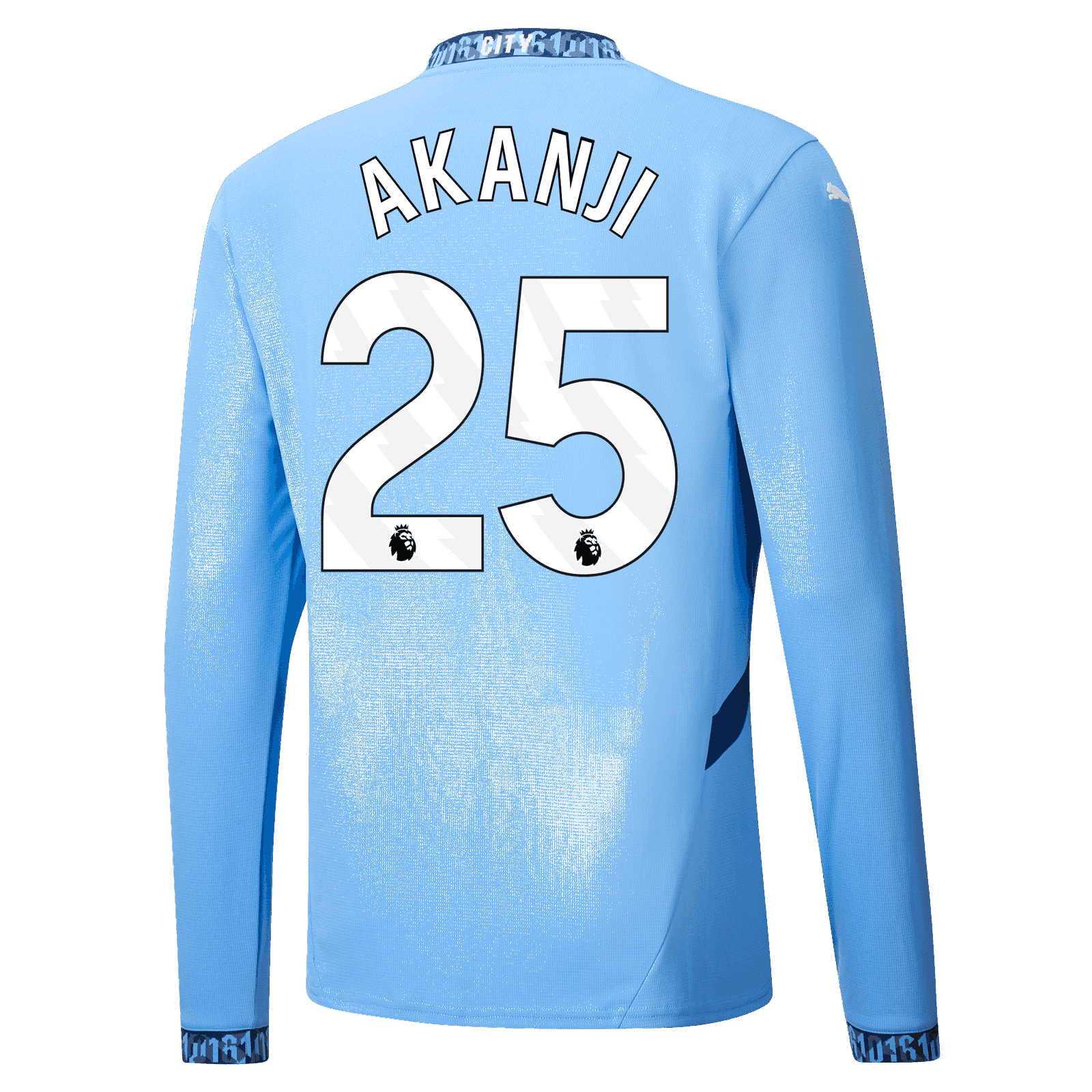 Manchester City's Manuel Akanji 25 Home Long Sleeve Jersey for the 24-25 season.