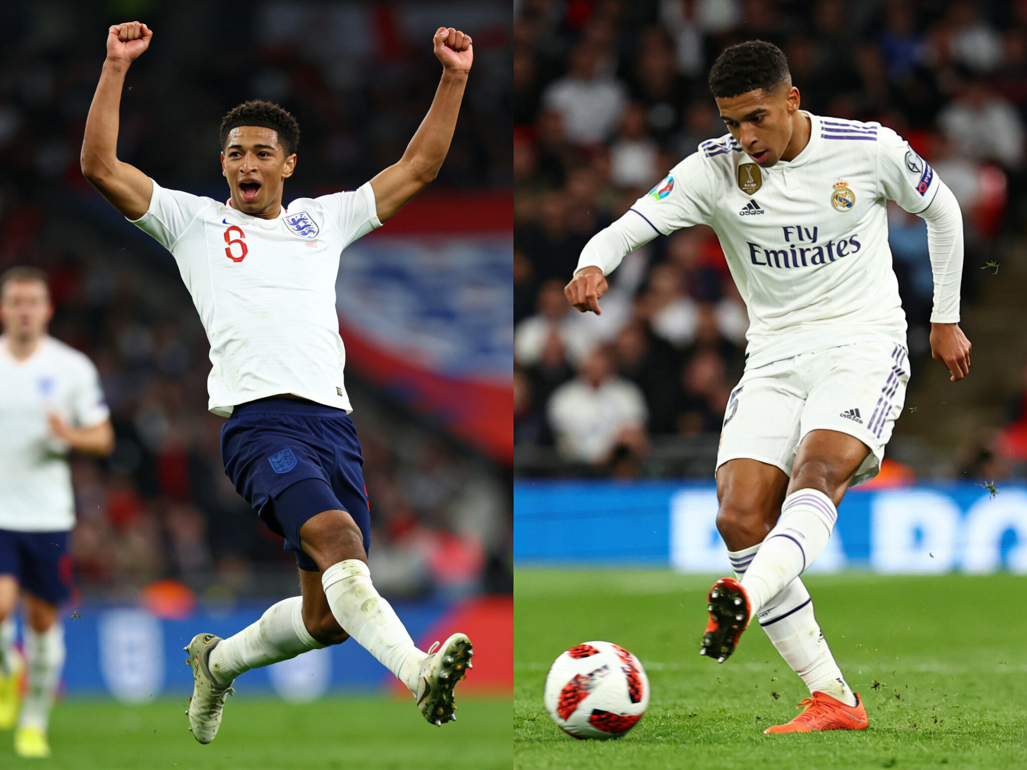 Jude Bellingham England and Real Madrid jerseys side by side, showing how his Euro 2024 play boosts club kit sales.