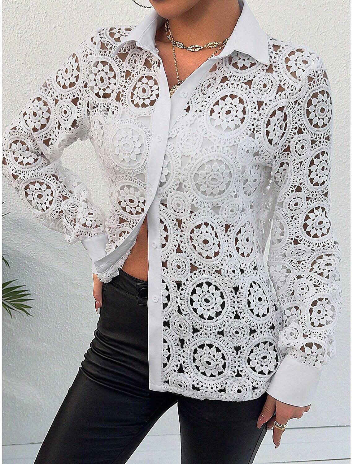 Shirt Lace Shirt Blouse Eyelet top Women's Plain Lace Button Street Daily Fashion Shirt Collar Regular Fit S