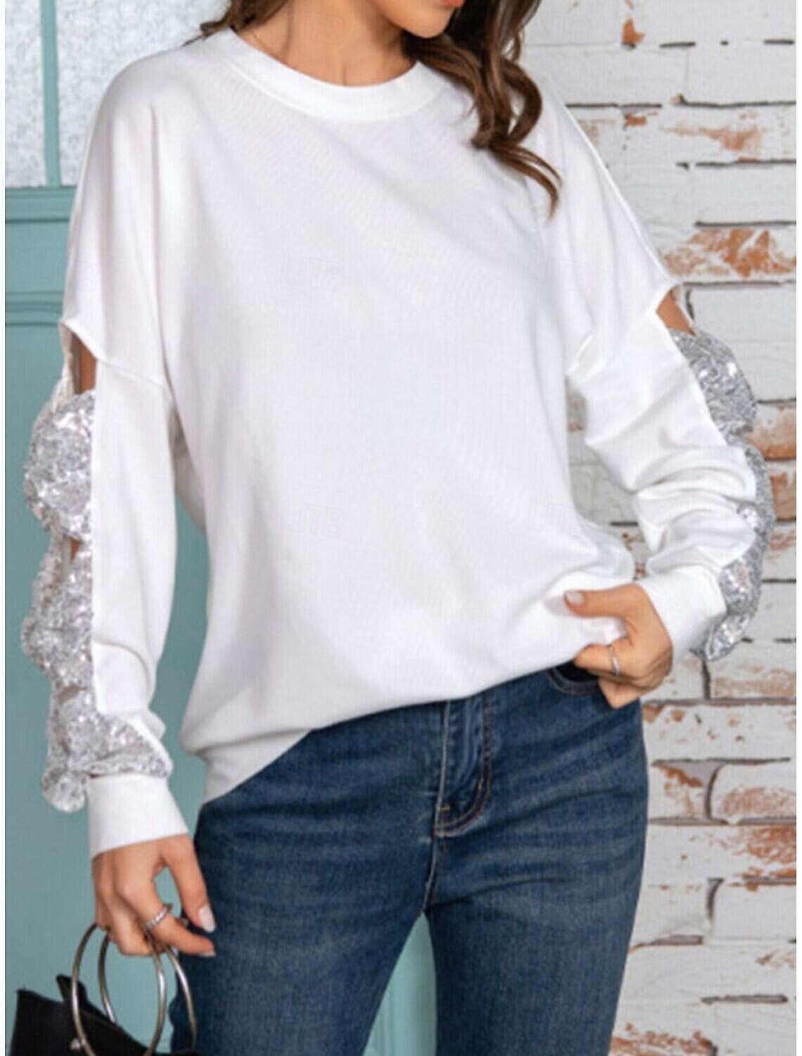 Women's Shirt Blouse Basic Casual Solid Color Regular Tops Long Sleeve Crew Neck Sequins Patchwork Bow Regular Fit Daily Fall Winter