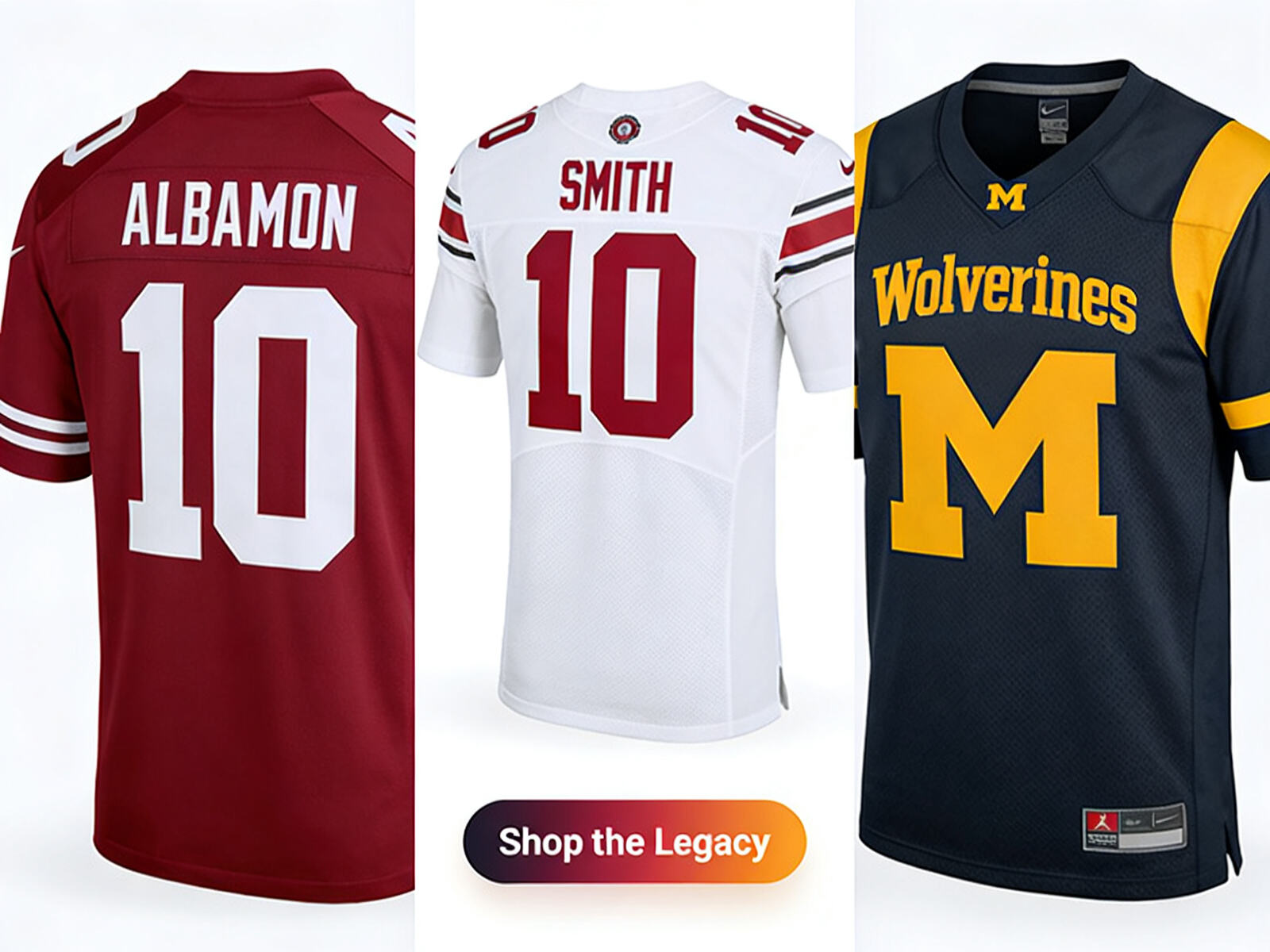 A styled product display showing customizable jerseys for Alabama, Ohio State, and Michigan, inviting fans to shop and wear their team&rsquo;s legacy.