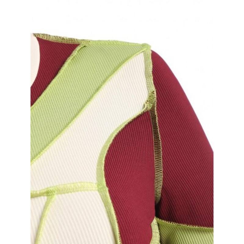 Cropped Ribbed Topstitching Patchwork Long Sleeve Top FK3075