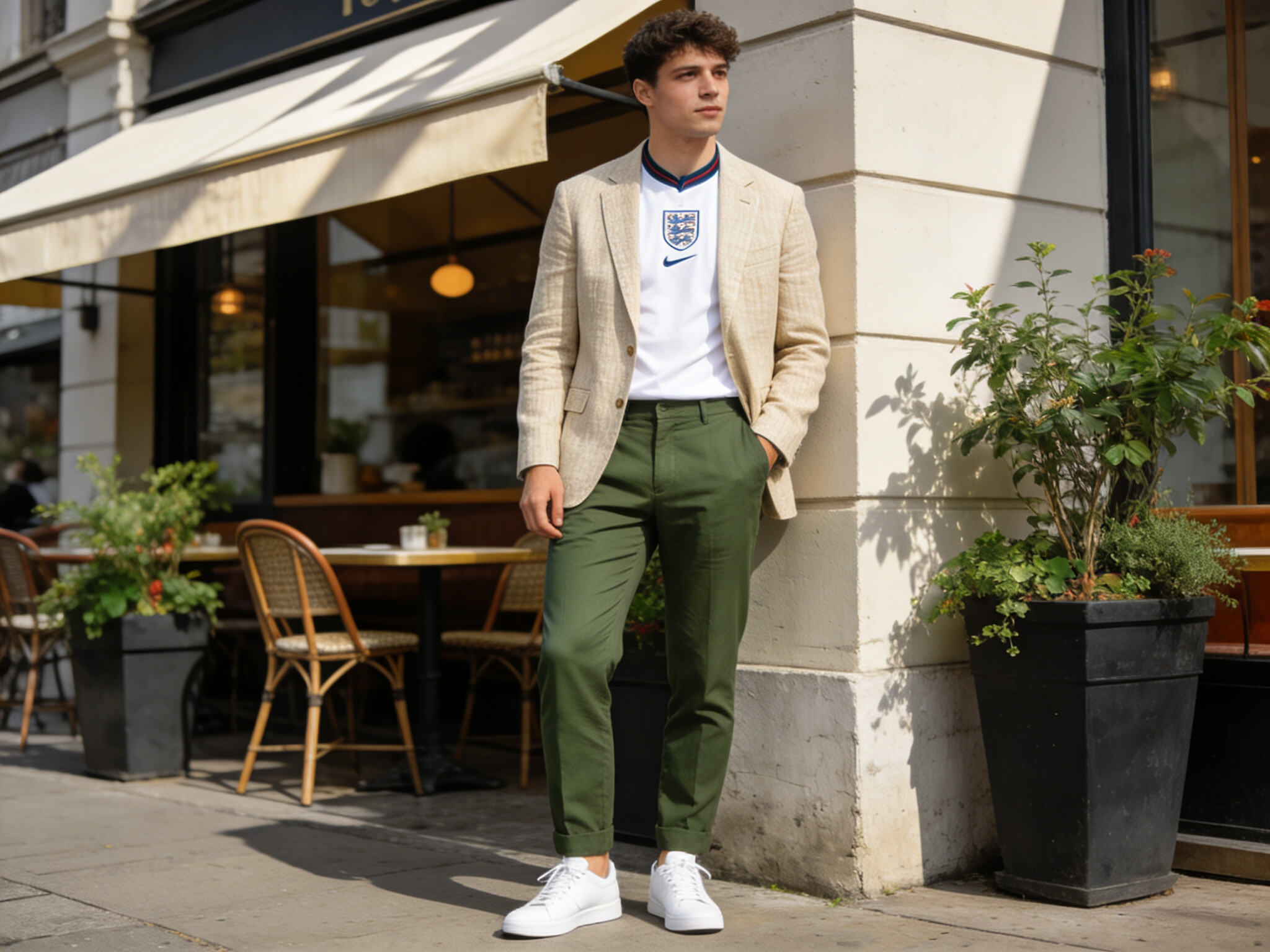 A person wearing a crisp white England jersey under a beige linen blazer, paired with olive chinos and white sneakers, against an urban caf&eacute; backdrop.