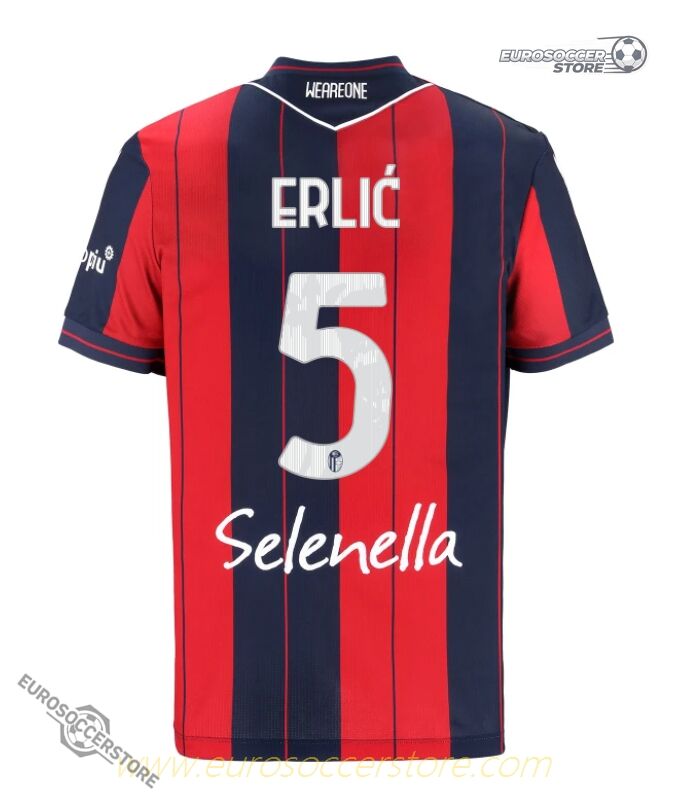 Bologna's Home Jersey for the 25-26 season, featuring the name ERLIĆ and the number 5.