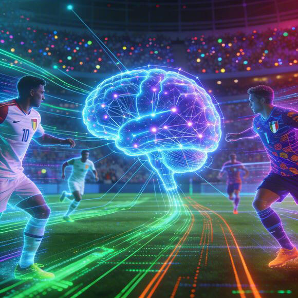 Futuristic neural network brain, holographic football players, data streams, tech-inspired digital art, stadium crowd, vibrant colors