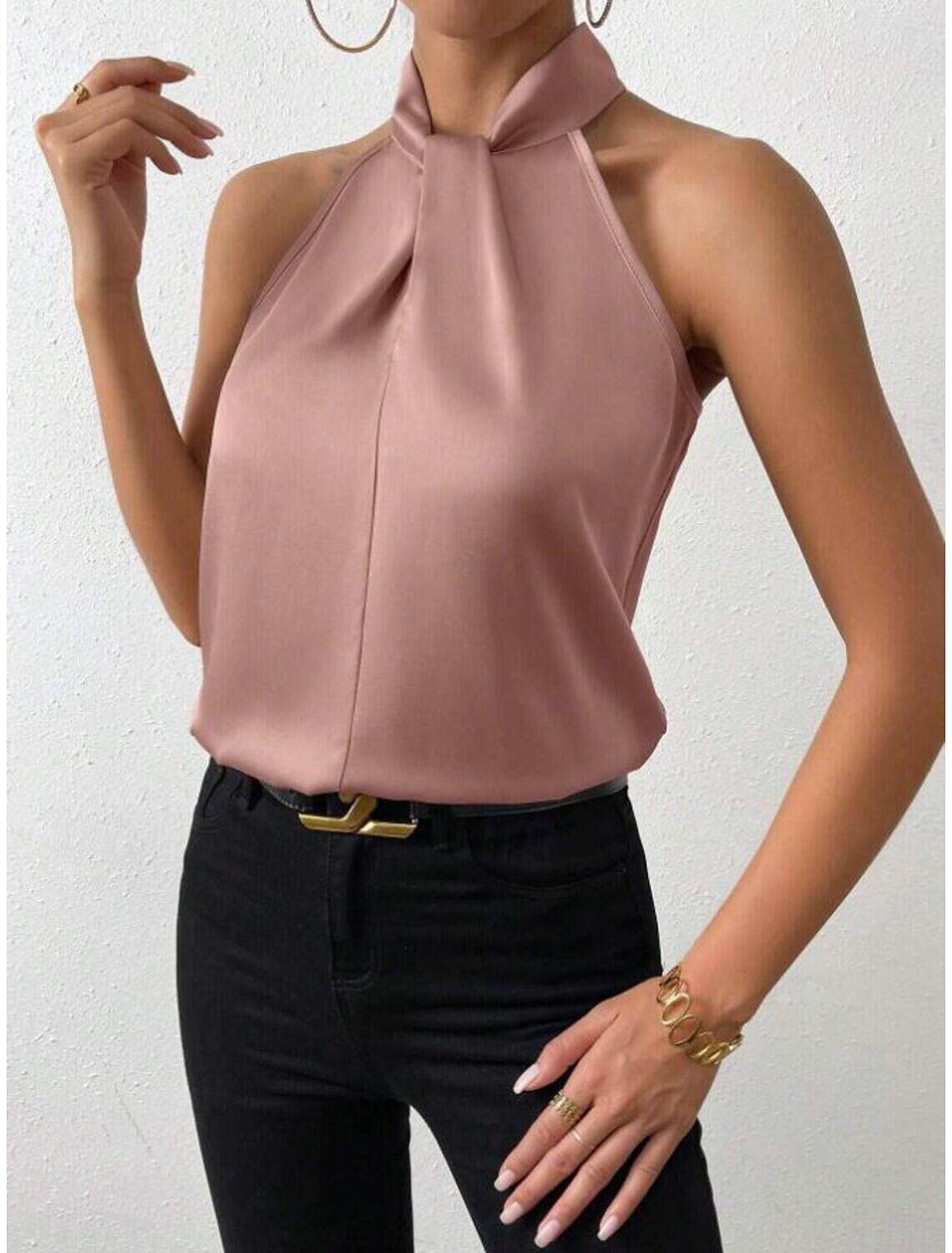 Tank Women's Plain Cold Shoulder Street Daily Fashion Halter Neck Regular Fit S