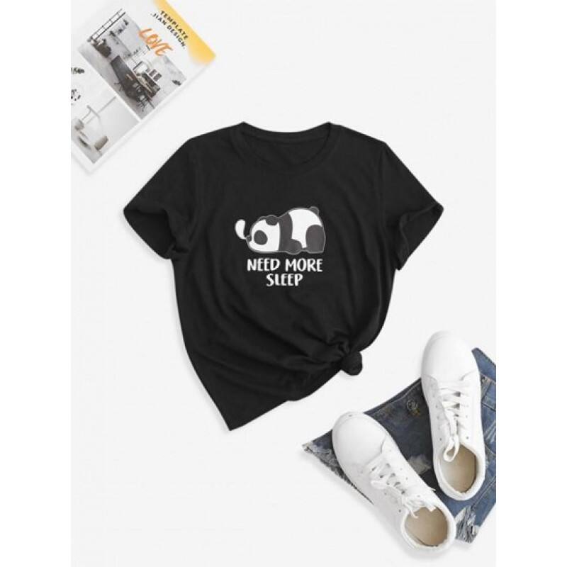 Crew Neck Panda Need More Sleep Graphic Tee PT0865