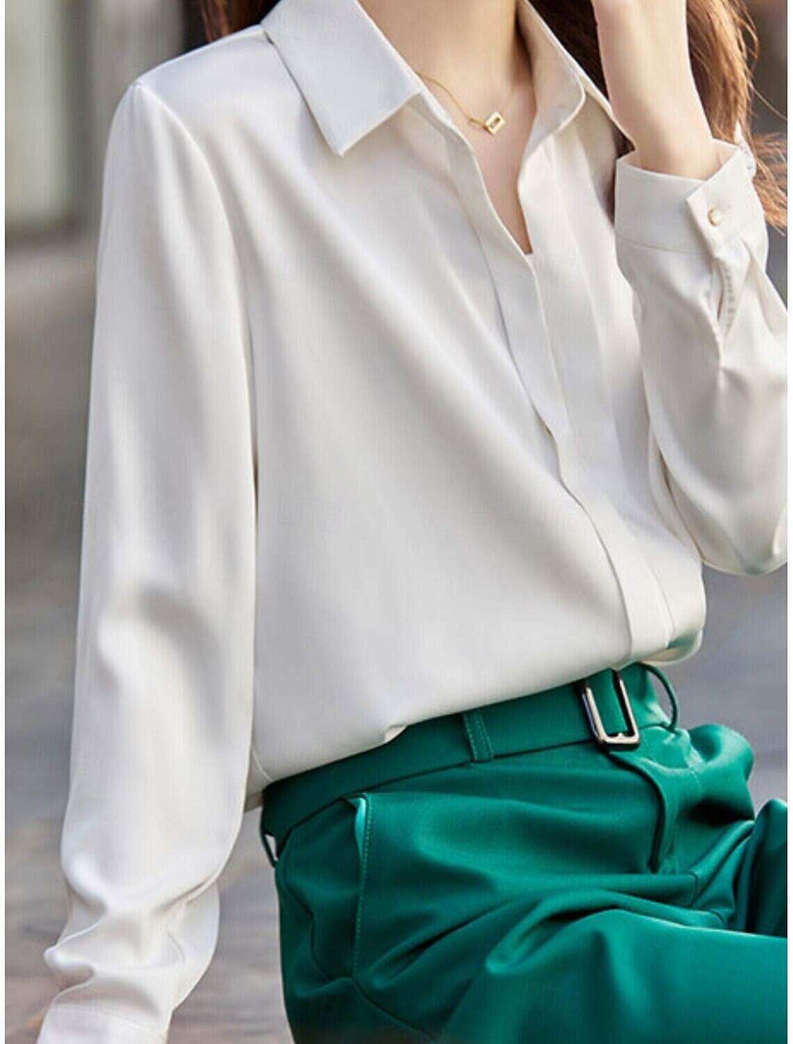 Women's Shirt Blouse Basic Casual Solid Color Regular Tops Long Sleeve Shirt Collar Buttons Regular Fit Daily Fall Winter