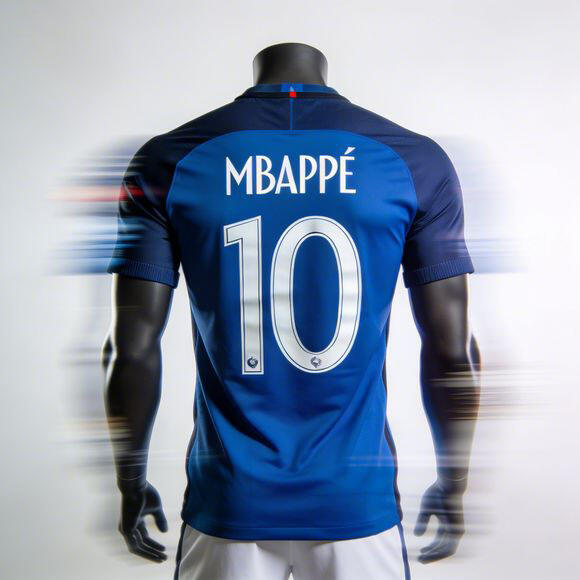 Custom France jersey, MBAPP&Eacute; name number 10, mannequin display, motion blur effect, speed concept, modern dynamic style