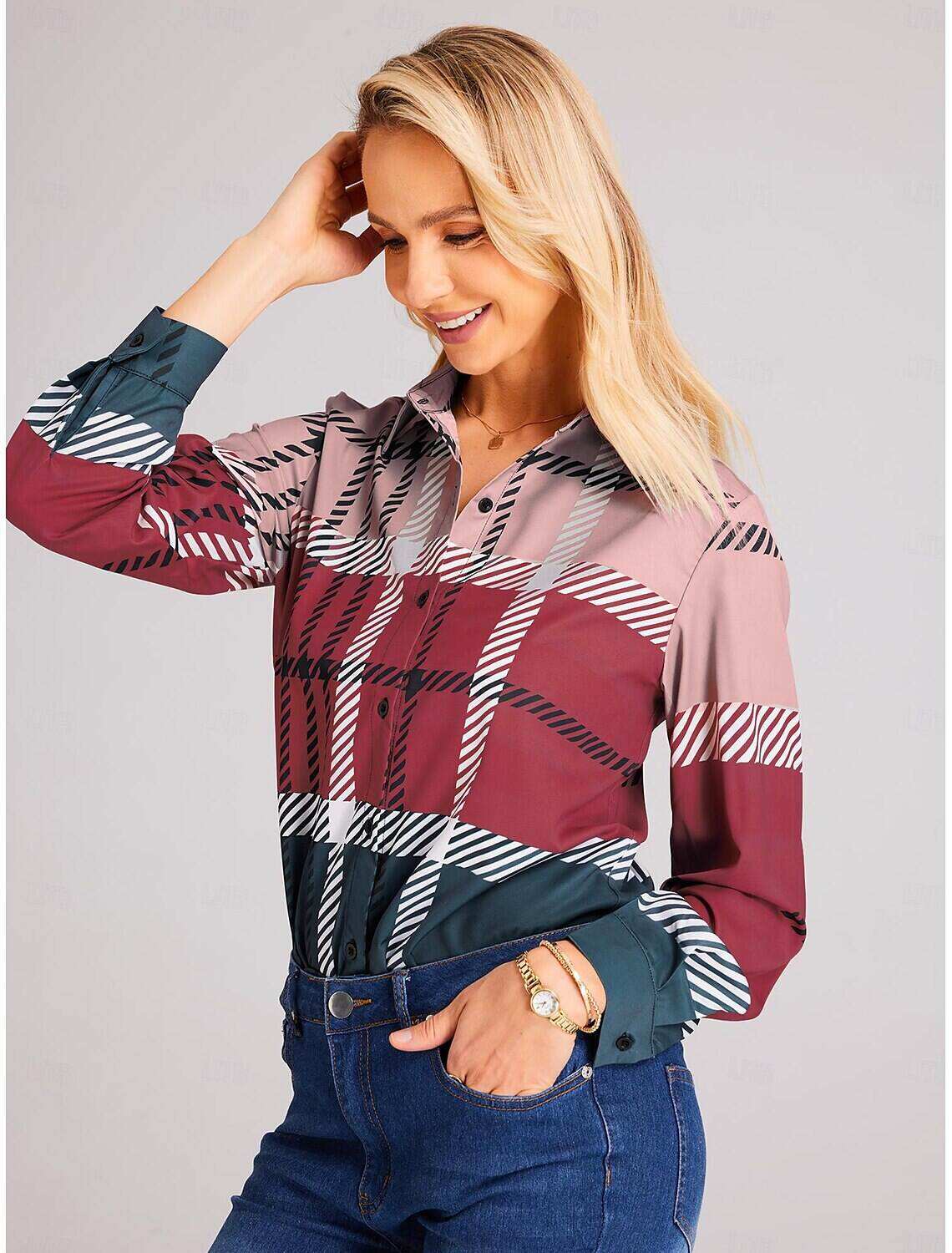 Women's Shirt Blouse Fashion Plaid Buttons Print Long Sleeve Regular Tops Shirt Collar Casual Spring & Fall