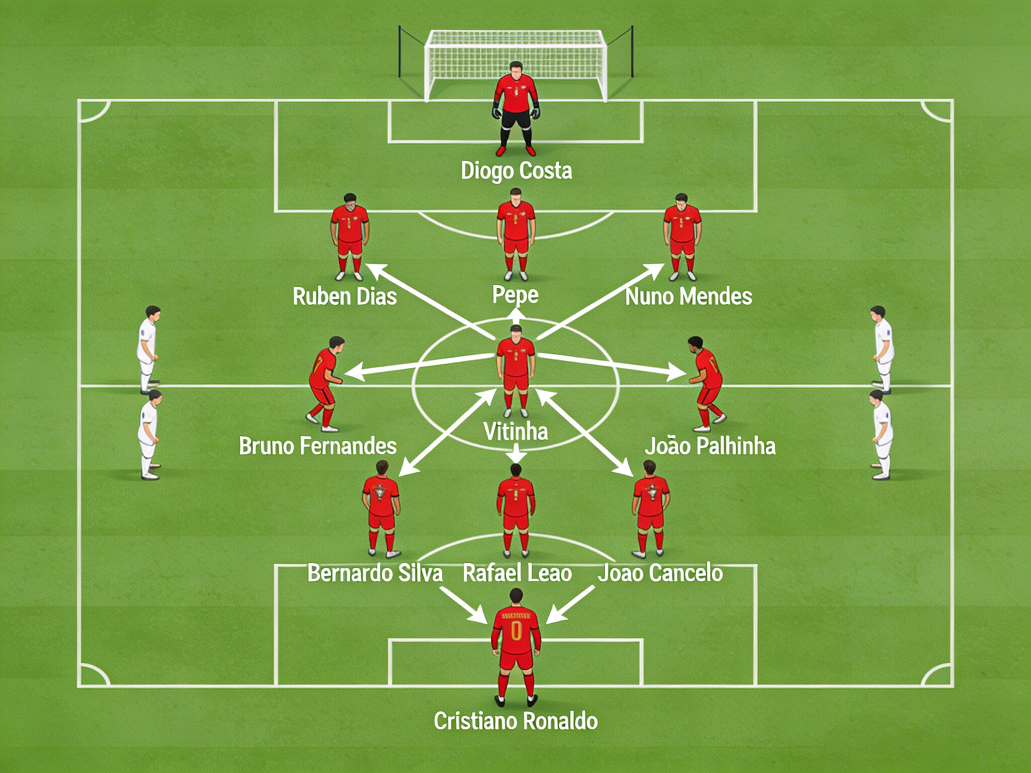 A tactical diagram illustrates Portugal's likely midfield creativity from players like Bernardo Silva connecting to the attacking force, including Ronaldo, at Euro 2024.