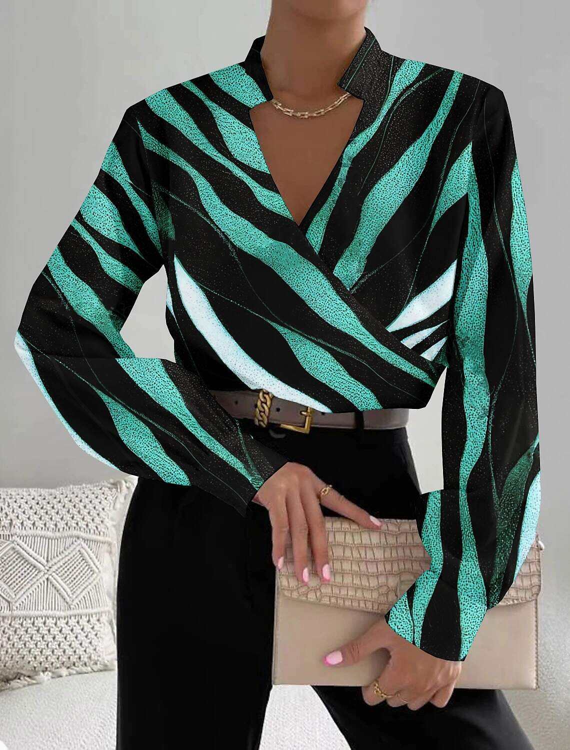 Women's Shirt Blouse Fashion Striped Print Long Sleeve Regular Tops V Neck Work Spring & Fall