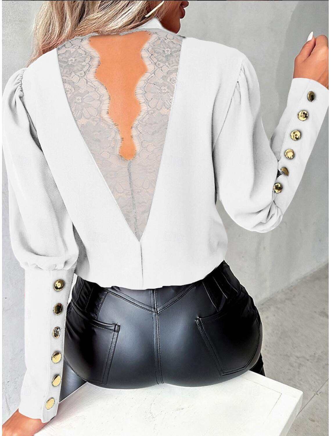 Women's Shirt Blouse Elegant Ladies Stylish Solid Color Long Sleeve High Neck Lace Buttons Slim Work Spring Fall Winter