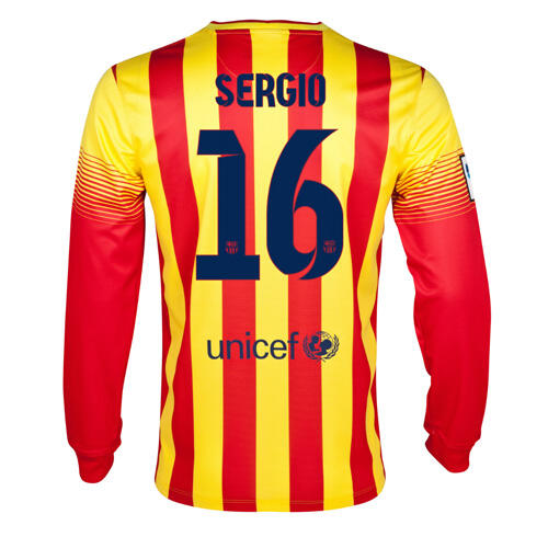 13-14 Barcelona 16 Sergio Away Long Sleeve Soccer Jersey Shirt -