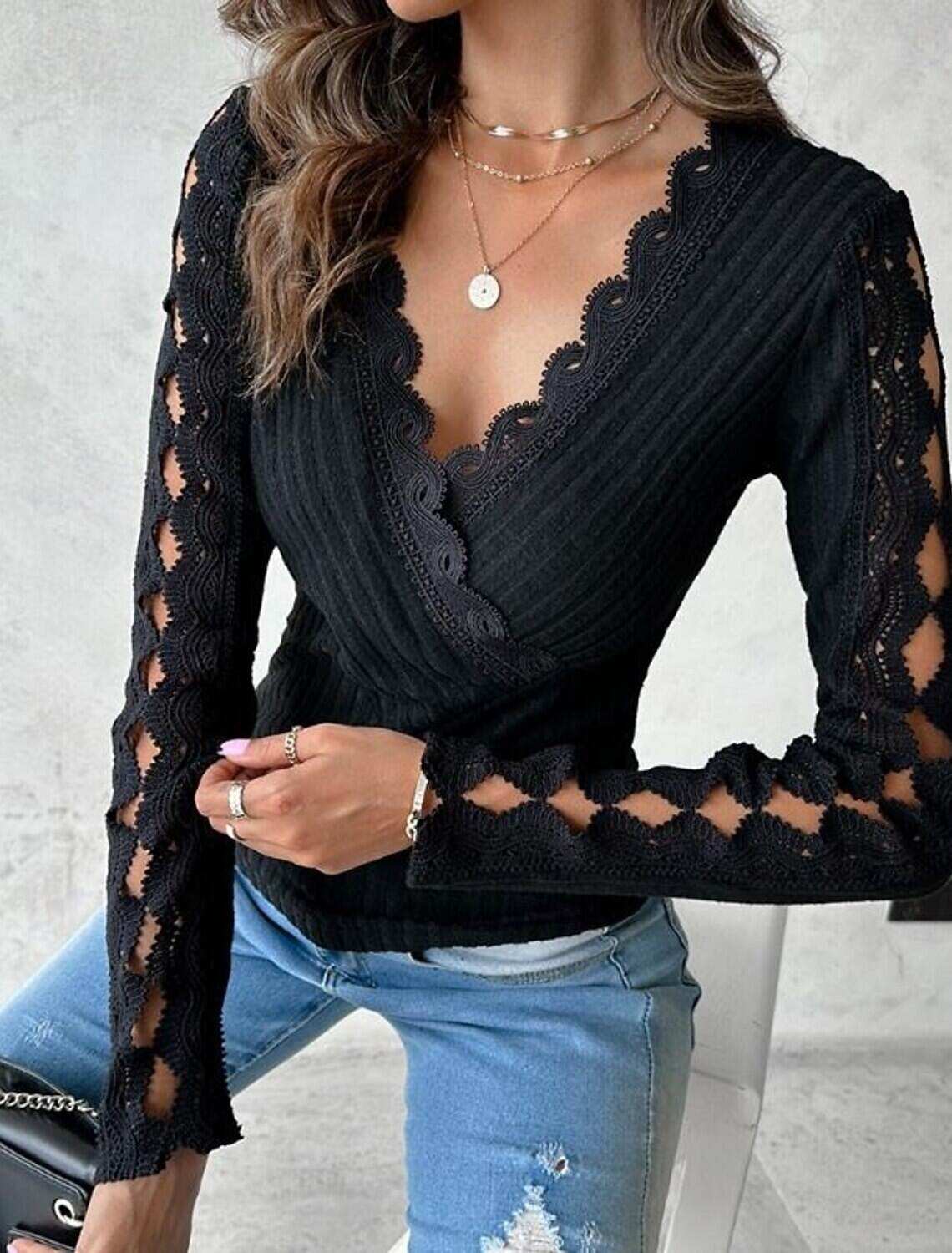 Women's Elegant Lace Tops Eyelet Blouse Stylish Modern Lace Long Sleeve Regular Tops V Neck Work Daily Romantic Petite Tops Summer Holiday Wear Red Light Grey Spring Fall