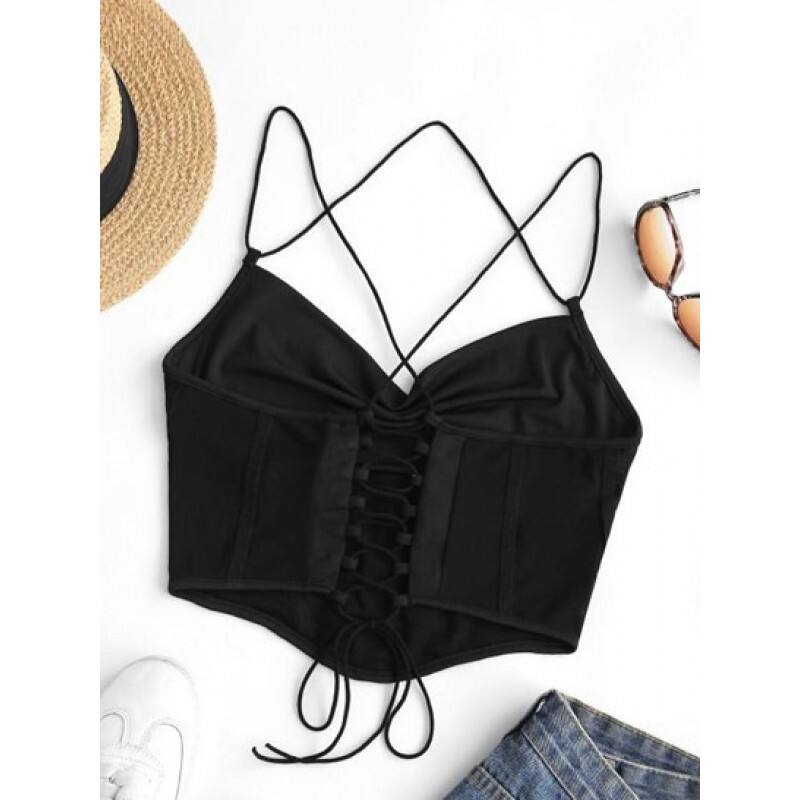 Mesh Panel Lace-up Draped Cami Bralette Top IE0088