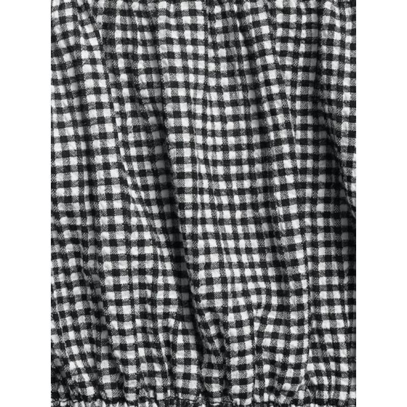 Gingham Puff Sleeve Crossover Blouse HB6489