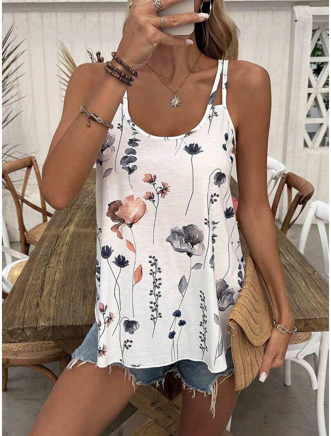 Women's Floral Print Tank Top Pink Blue Sleeveless Adjustable Straps Casual Summer Beachwear Flowy Loose Fit