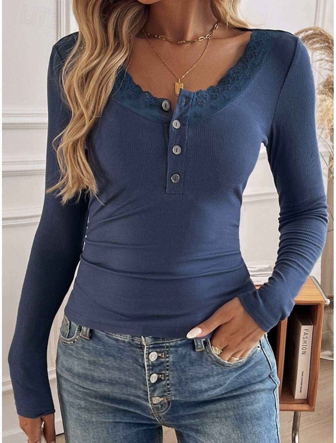 Women's Elegant Lace Tops Eyelet Blouse Elegant Daily Solid Color Regular Tops Long Sleeve Scoop Neck Regular Fit Daily Romantic Petite Tops Summer Holiday Wear