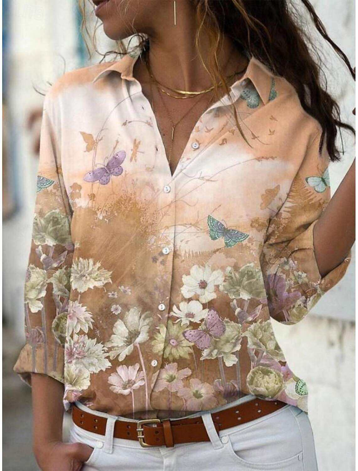 Women's Shirt Blouse Stylish Casual Floral Regular Tops Long Sleeve Shirt Collar Buttons Print Regular Fit Daily Summer Spring