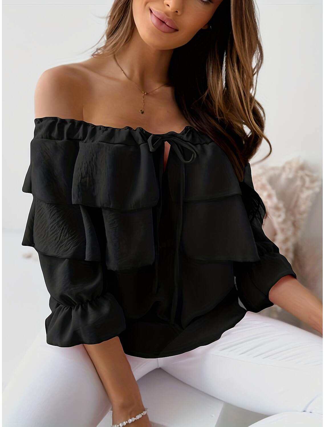 Shirt Blouse Women's Solid / Plain Color Lace up Ruffle Daily Fashion Off Shoulder Regular Fit S