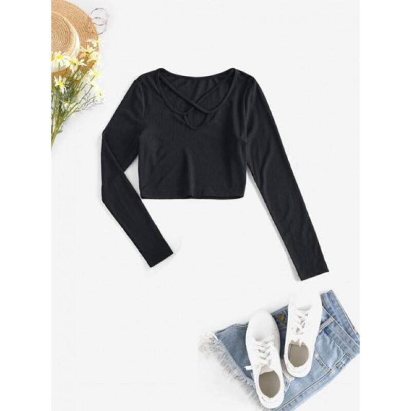 Ribbed Criss Cross Slim Crop Tee YY5738