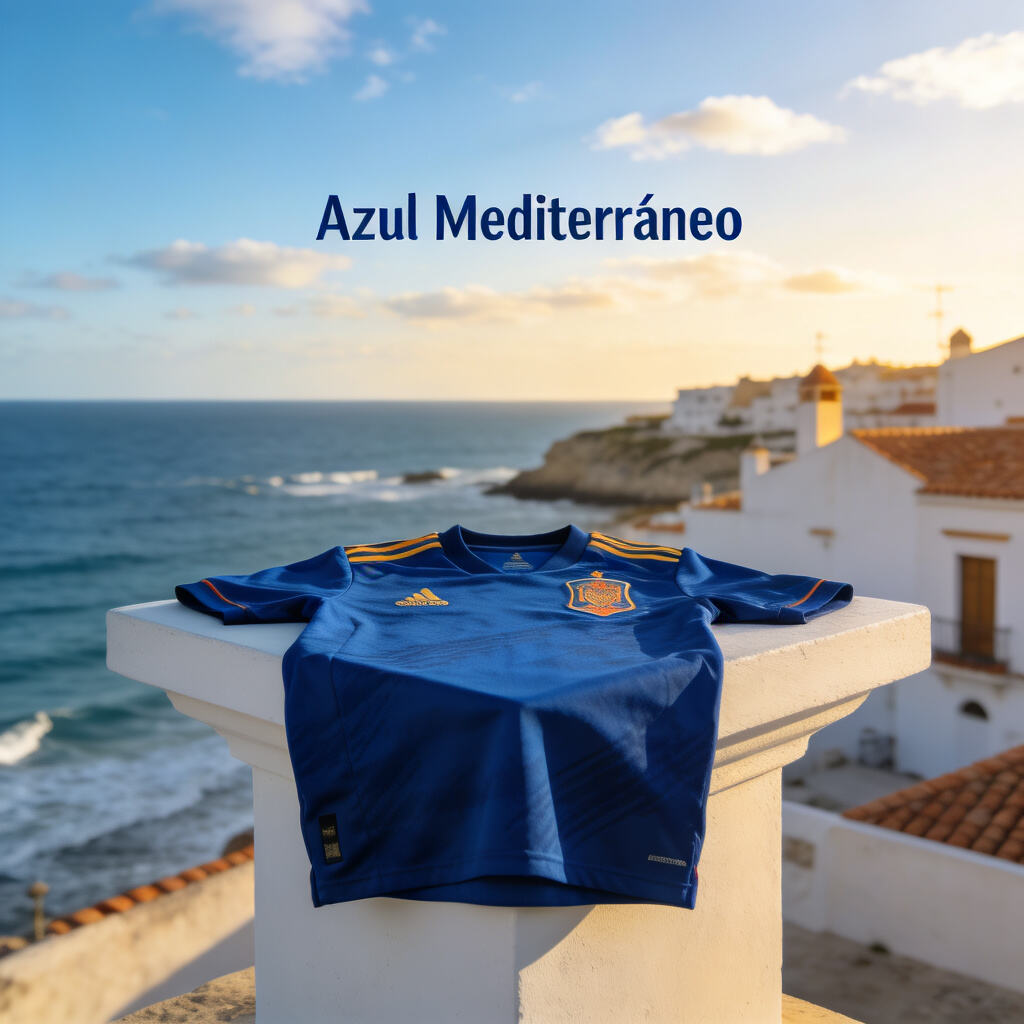 Spain National Team 'Azul Mediterr&aacute;neo' Blue Jersey: Serenity and Depth Against the Mediterranean Coast Background
