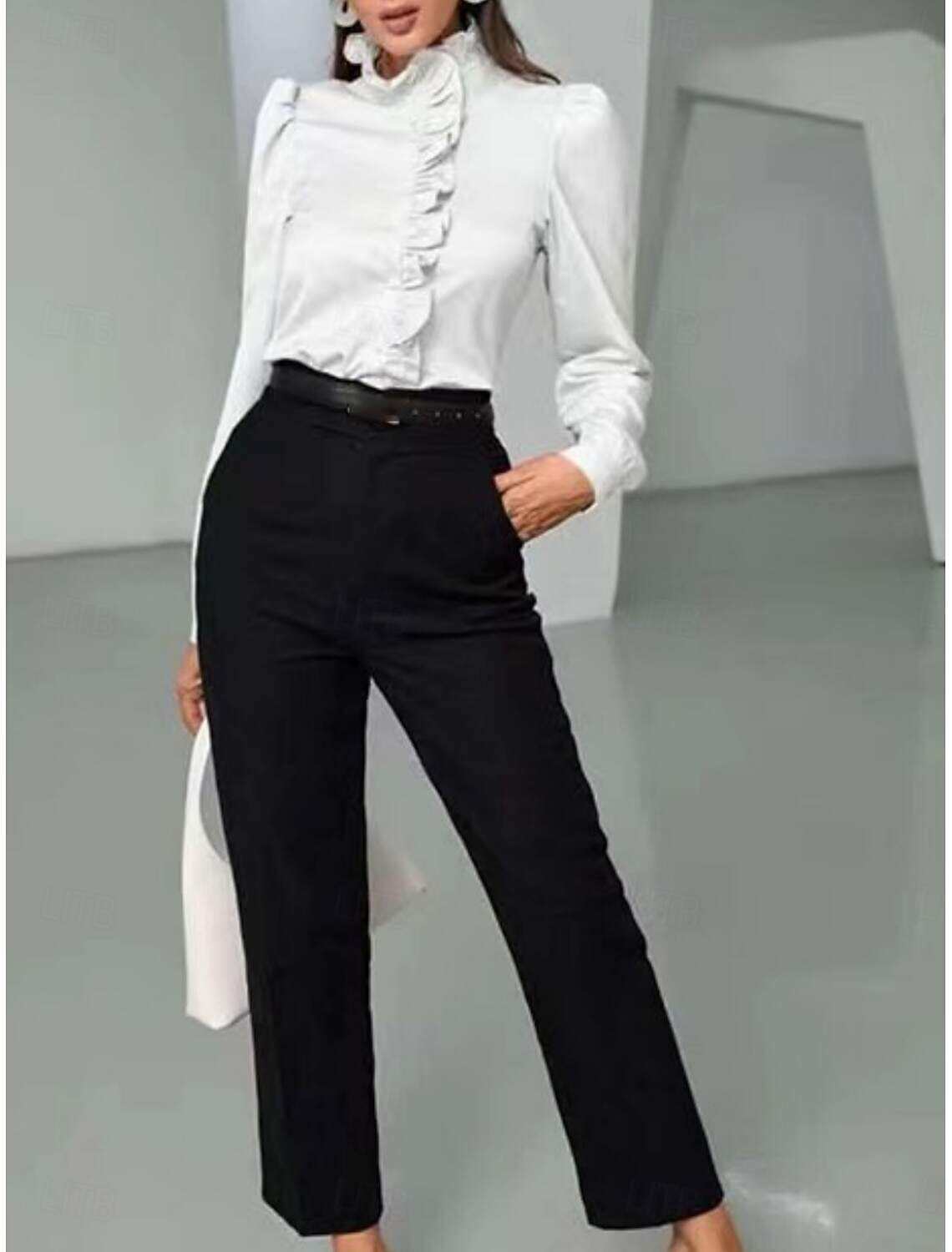 Women's Shirt Blouse Business Modern Casual Solid Color Regular Tops Long Sleeve Turtleneck Ruffle Buttons Regular Fit Work Formal Wear Summer Spring