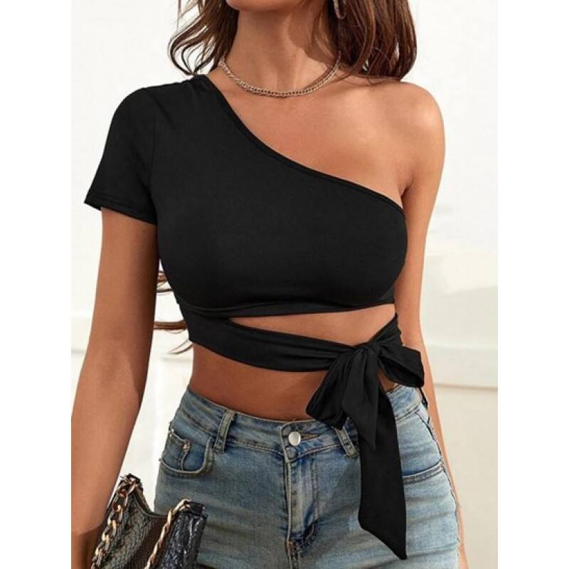 One Shoulder Tied Crop T Shirt TM8864