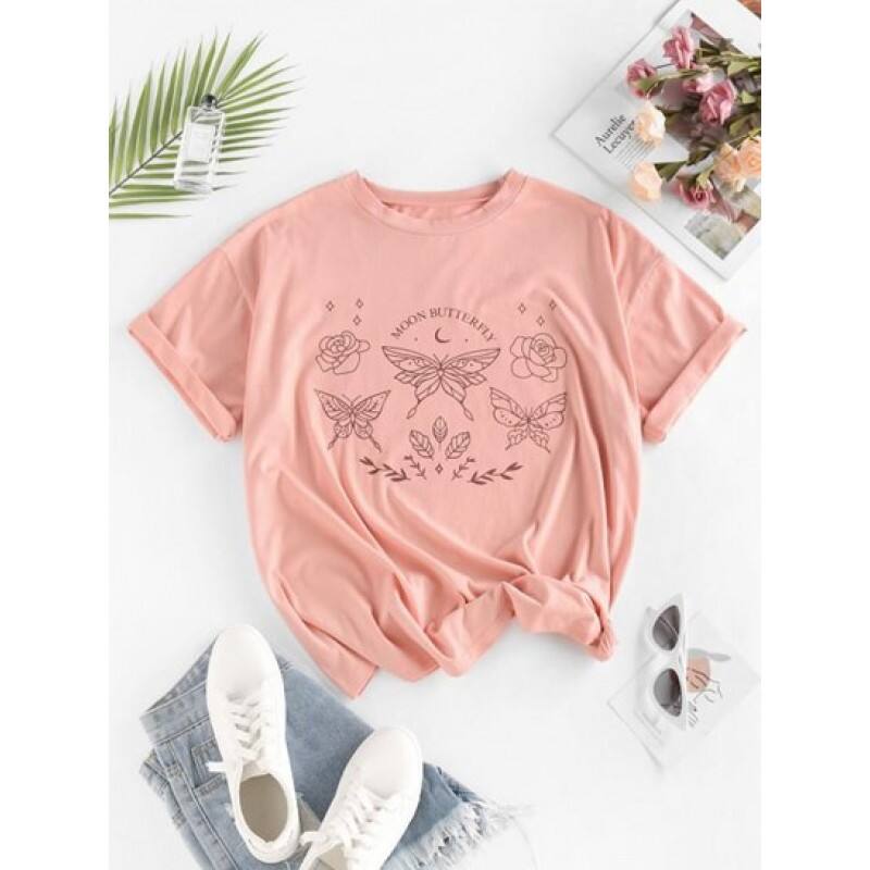 Moon Butterfly Print Drop Shoulder Oversized T Shirt GA5895