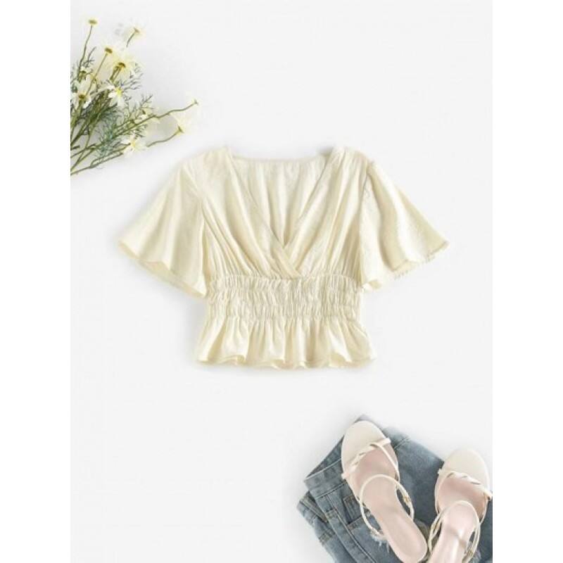 Smocked Waist Peplum Hem Surplice Blouse HZ1176