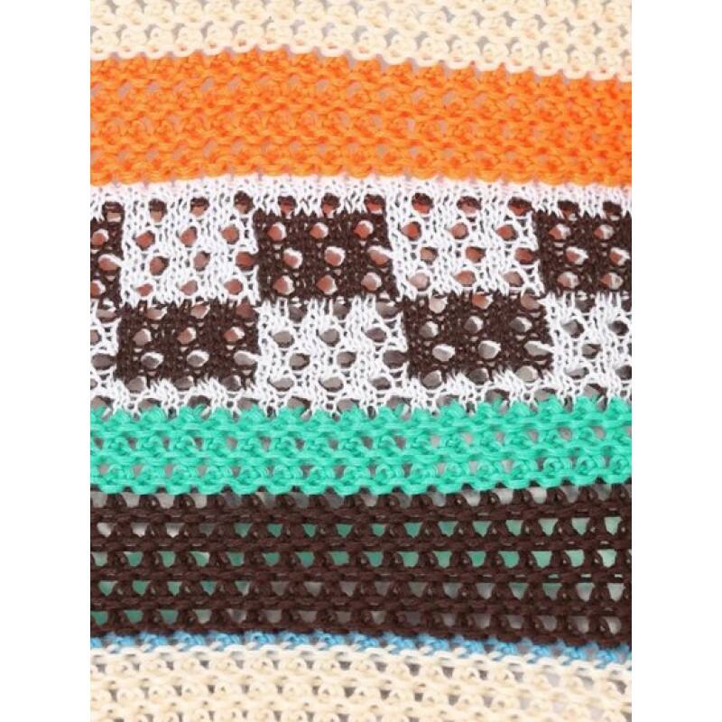 Openwork Crochet Checkered Striped Cap Sleeve Crop Top EM2890