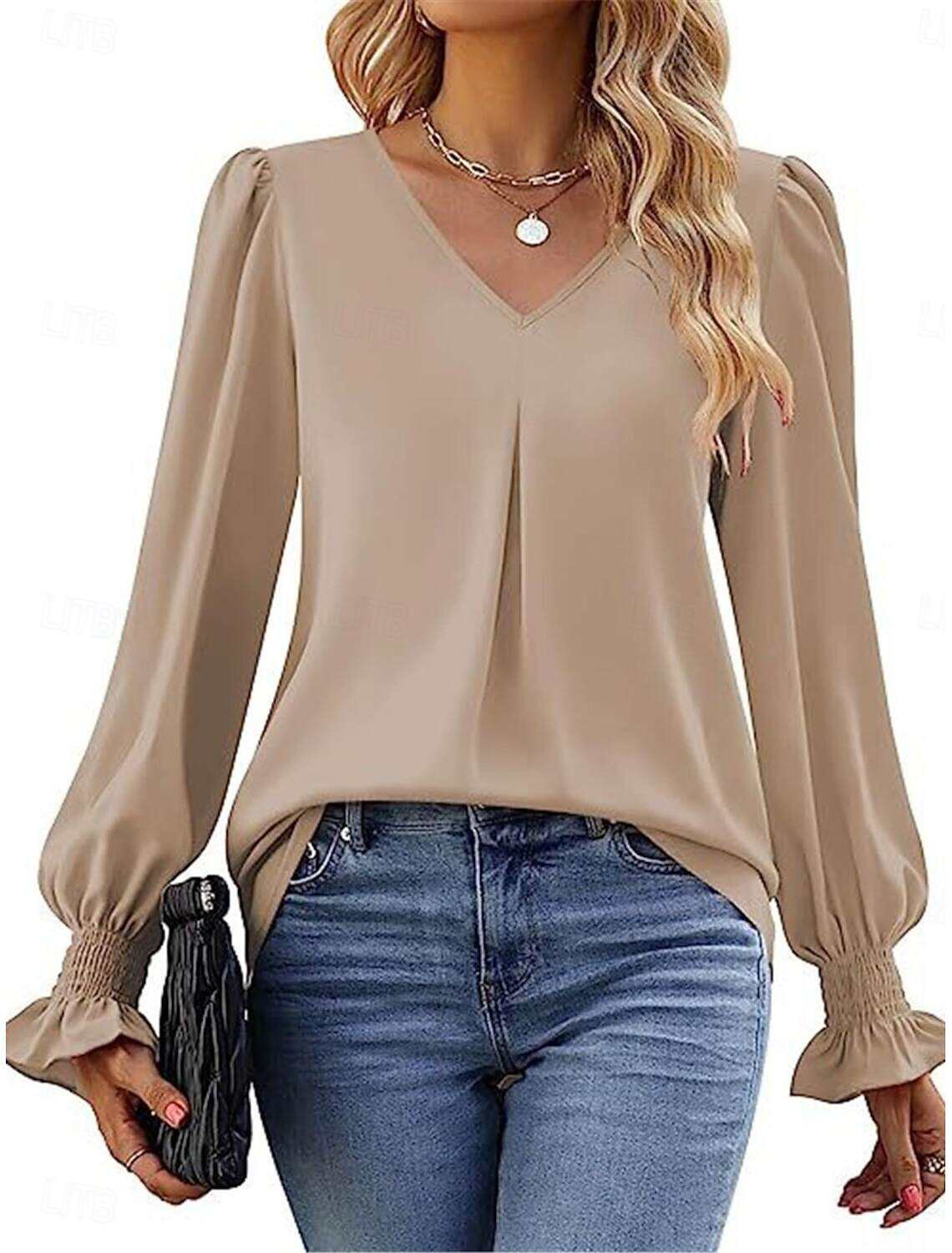Women's Shirt Blouse Basic Casual Solid Color Regular Tops Long Sleeve V Neck Regular Fit Daily Fall Winter