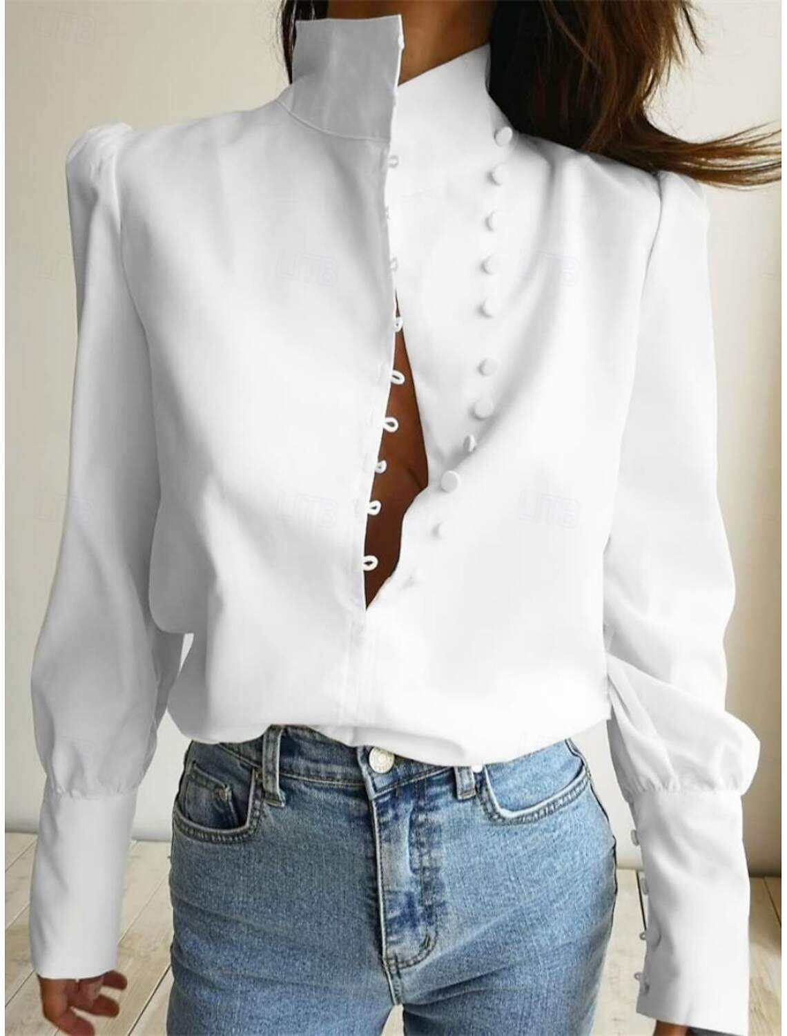 Women's Shirt Blouse Stylish Casual Solid Color Regular Tops Long Sleeve High Neck Buttons Regular Fit Daily Summer Spring