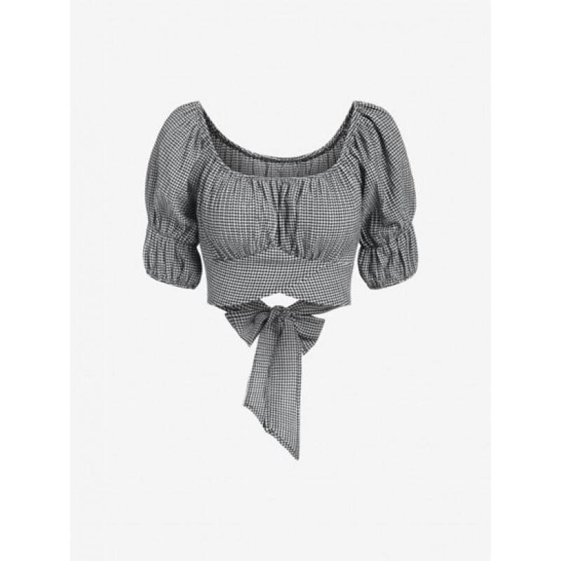 Gingham Puff Sleeve Crossover Blouse HB6489