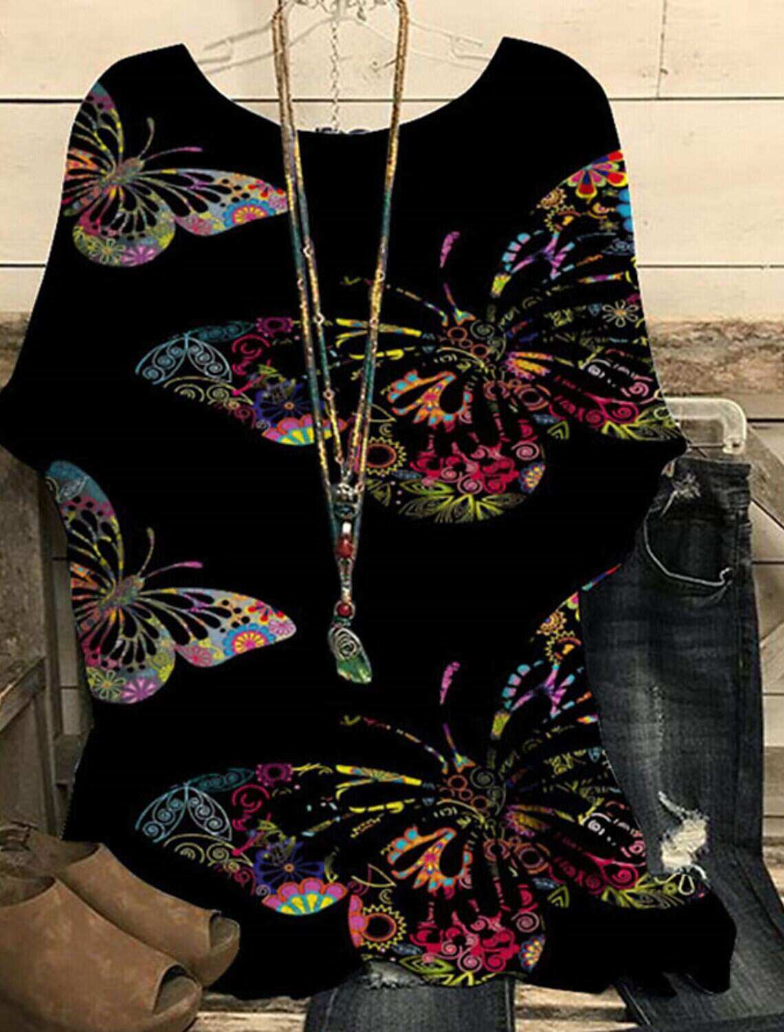 Women's Plus Size T Shirt Punk & Gothic Graphic Polka Dot Butterfly Regular Tops Short Sleeve Dolman Sleeve Round Neck Print Regular Fit Daily Going out Weekend Summer Spring