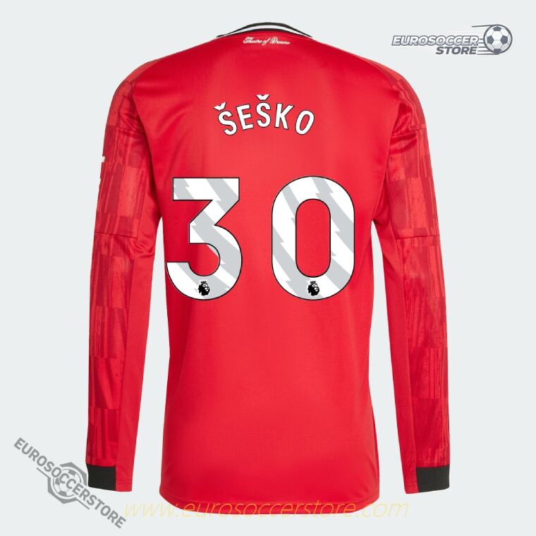 Manchester United's 25-26 Home Long Sleeve Jersey, featuring ŠEŠKO with the number 30