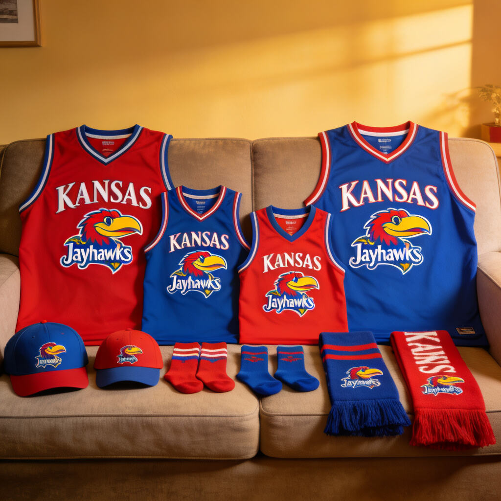 Set of coordinated NCAA fan jerseys and accessories for mom, dad, and kids laid out neatly on a couch, ready for game day.