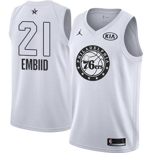 Sixers #21 Joel Embiid Top-Grade 2018 Icon NBA Jersey - White Swingman