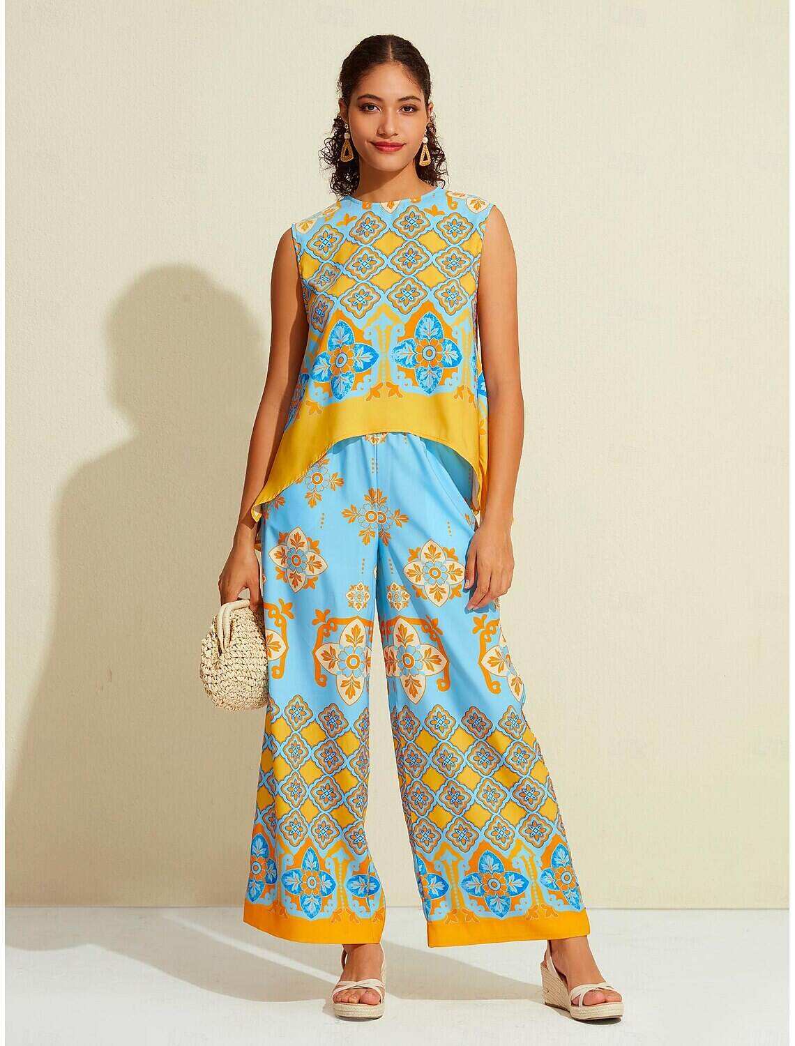 Satin Boho Double Slit Crew Neck Sleeveless Tank Top