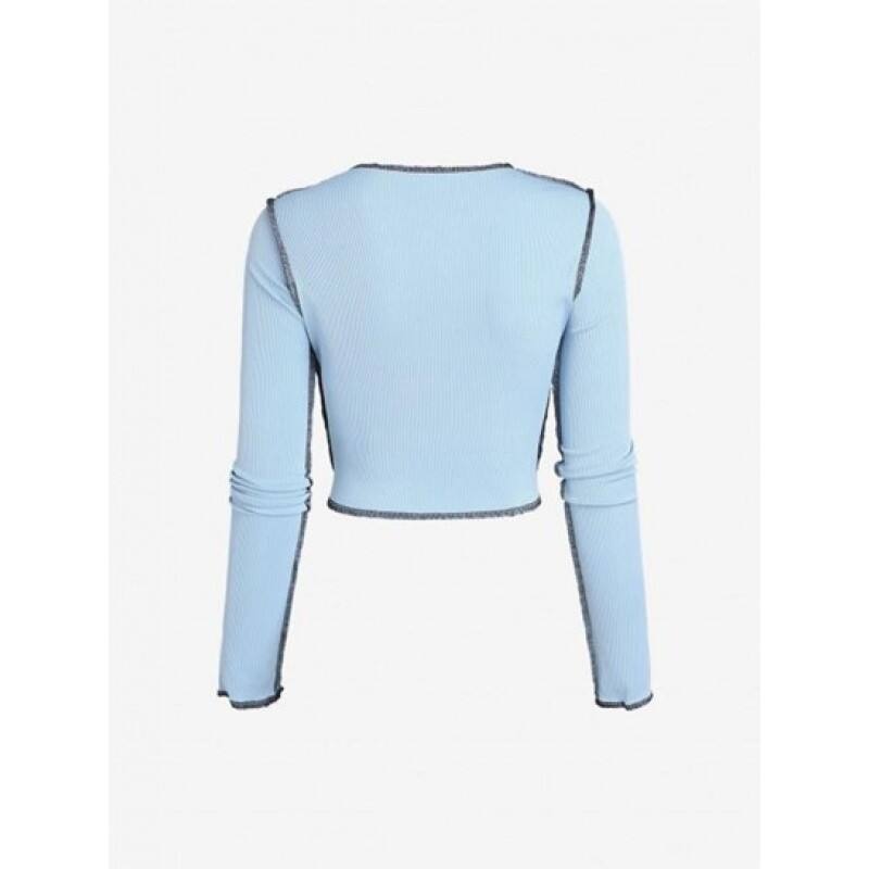 Ribbed Topstitching Tie Front Crop T Shirt SM3585