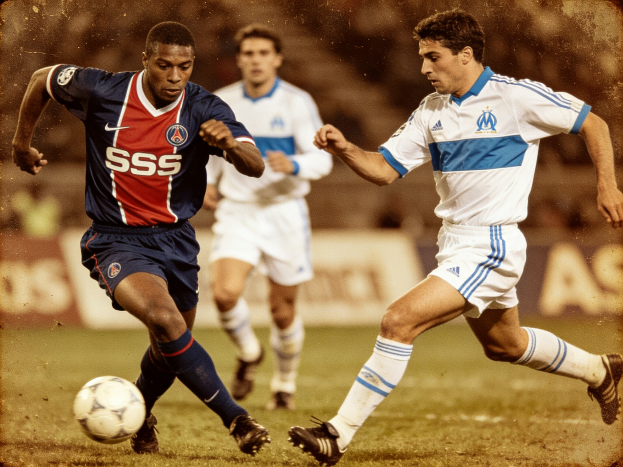 A vintage photo montage of 1990s players (like PSG&lsquo;s Rai or OM&lsquo;s Papin) in action against each other.